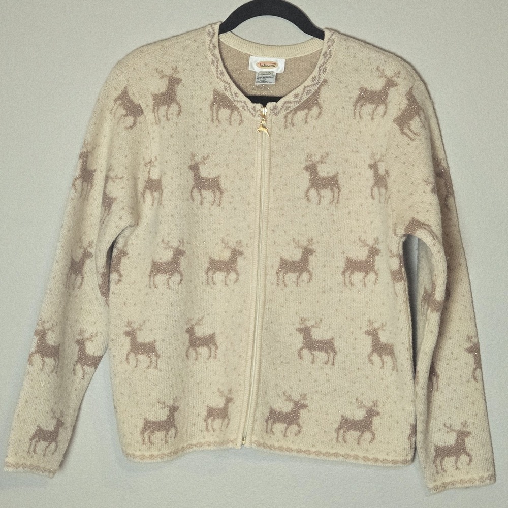 Talbots Womens M Sweater Wool Full Zip Reindeer Novelty Holiday Cardigan Cozy